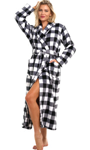 Buffalo Check White Black Plaid Plush Striped Robe for Women, Long Fleece Plaid Winter Bath Robe, Plus Size