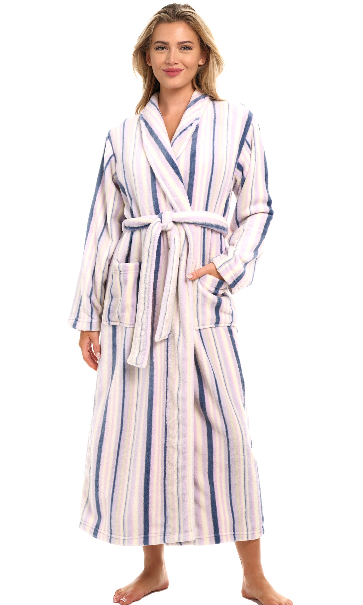 Striped Lavender Plush Striped Robe for Women, Long Fleece Plaid Winter Bath Robe, Plus Size