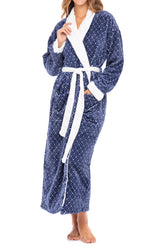 Moroccan Trellis Plush Striped Robe for Women, Long Fleece Plaid Winter Bath Robe, Plus Size