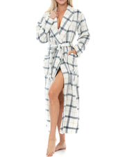 Classic Neutral Plaid Plush Striped Robe for Women, Long Fleece Plaid Winter Bath Robe, Plus Size