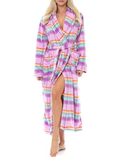 Pastel Plaid Plush Striped Robe for Women, Long Fleece Plaid Winter Bath Robe, Plus Size