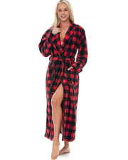 Red Black Buffalo Check Plaid Plush Striped Robe for Women, Long Fleece Plaid Winter Bath Robe, Plus Size