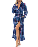 Purple Tartan Plaid Plush Striped Robe for Women, Long Fleece Plaid Winter Bath Robe, Plus Size