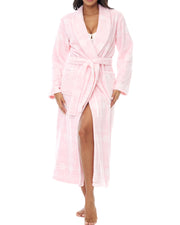 Snowflake Fair Isle Pink Plush Striped Robe for Women, Long Fleece Plaid Winter Bath Robe, Plus Size