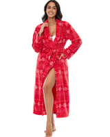 Snowflake Fair Isle Red Plush Striped Robe for Women, Long Fleece Plaid Winter Bath Robe, Plus Size