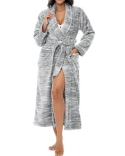 Light Heathered Gray Plush Striped Robe for Women, Long Fleece Plaid Winter Bath Robe, Plus Size
