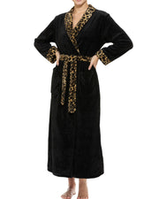 Leopard Print Accent Plush Striped Robe for Women, Long Fleece Plaid Winter Bath Robe, Plus Size