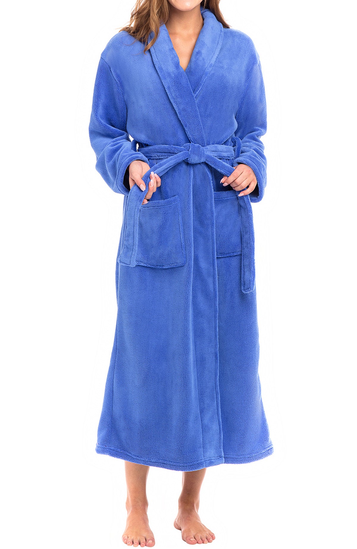 Sky Blue Plush Striped Robe for Women, Long Fleece Plaid Winter Bath Robe, Plus Size