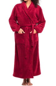 Burgundy Plush Striped Robe for Women, Long Fleece Plaid Winter Bath Robe, Plus Size