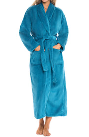 Turquoise Plush Striped Robe for Women, Long Fleece Plaid Winter Bath Robe, Plus Size