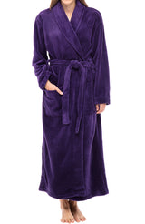 Purple Plush Striped Robe for Women, Long Fleece Plaid Winter Bath Robe, Plus Size