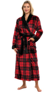 Red Black Plaid Plush Striped Robe for Women, Long Fleece Plaid Winter Bath Robe, Plus Size