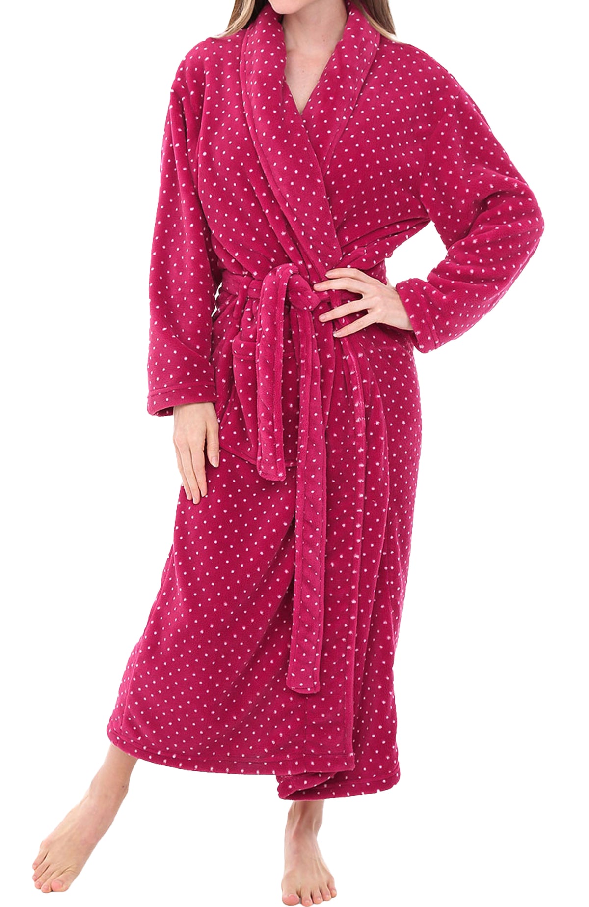Vibrant Magenta Polka Dot Plush Striped Robe for Women, Long Fleece Plaid Winter Bath Robe, Plus Size