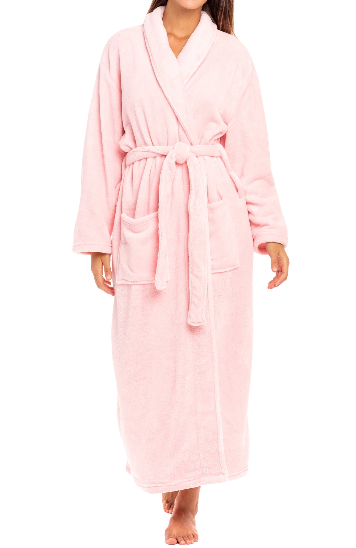 Pink Rose Quartz Plush Striped Robe for Women, Long Fleece Plaid Winter Bath Robe, Plus Size