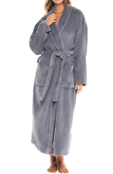 Steel Gray Plush Striped Robe for Women, Long Fleece Plaid Winter Bath Robe, Plus Size