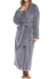 Steel Gray Plush Striped Robe for Women, Long Fleece Plaid Winter Bath Robe, Plus Size