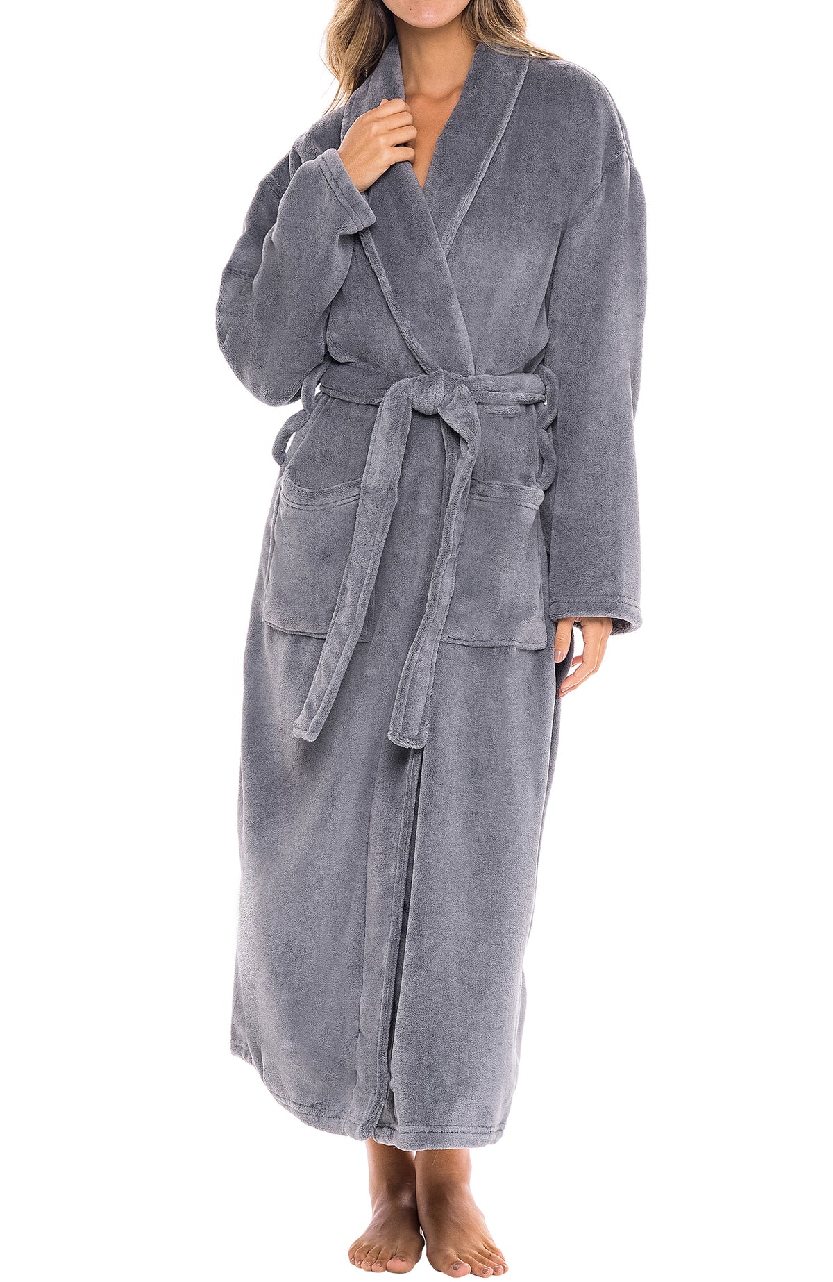 Steel Gray Plush Striped Robe for Women, Long Fleece Plaid Winter Bath Robe, Plus Size