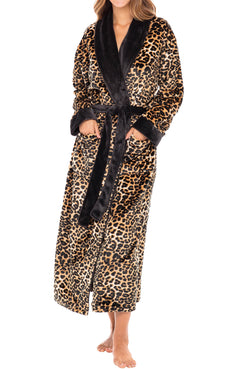 Leopard Print Plush Striped Robe for Women, Long Fleece Plaid Winter Bath Robe, Plus Size