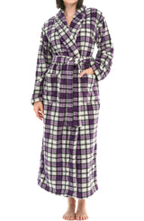 Lavender Tartan Plaid Plush Striped Robe for Women, Long Fleece Plaid Winter Bath Robe, Plus Size