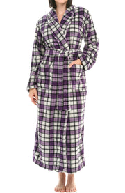 Lavender Tartan Plaid Plush Striped Robe for Women, Long Fleece Plaid Winter Bath Robe, Plus Size