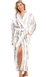Monochrome Fern Stripe Plush Striped Robe for Women, Long Fleece Plaid Winter Bath Robe, Plus Size