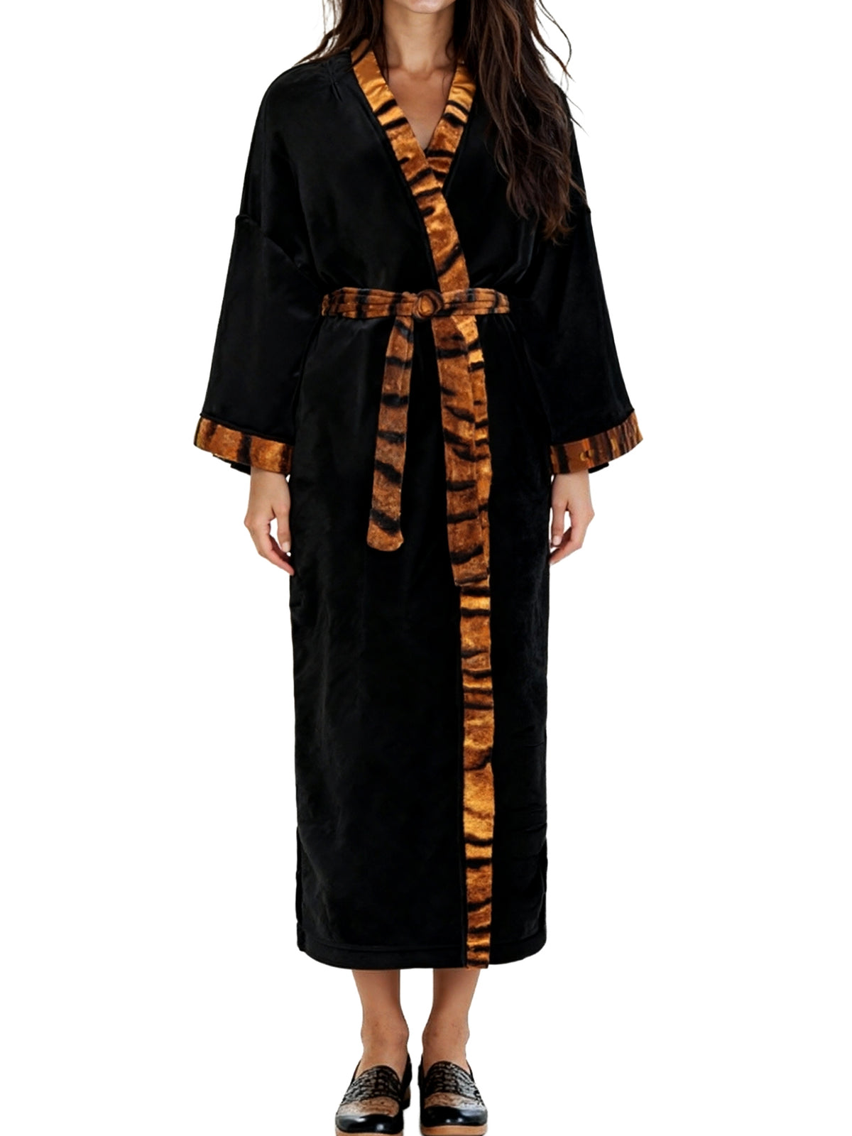 Womens Black with Tiger Print Accents Kimono Robe, Robe for Women