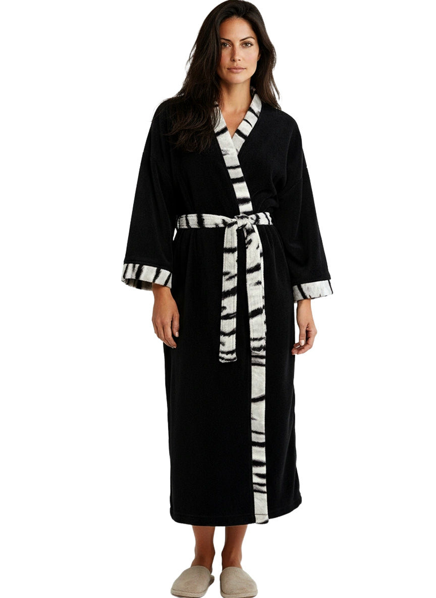 Womens Black with White Tiger Print Accents Kimono Robe, Robe for Women