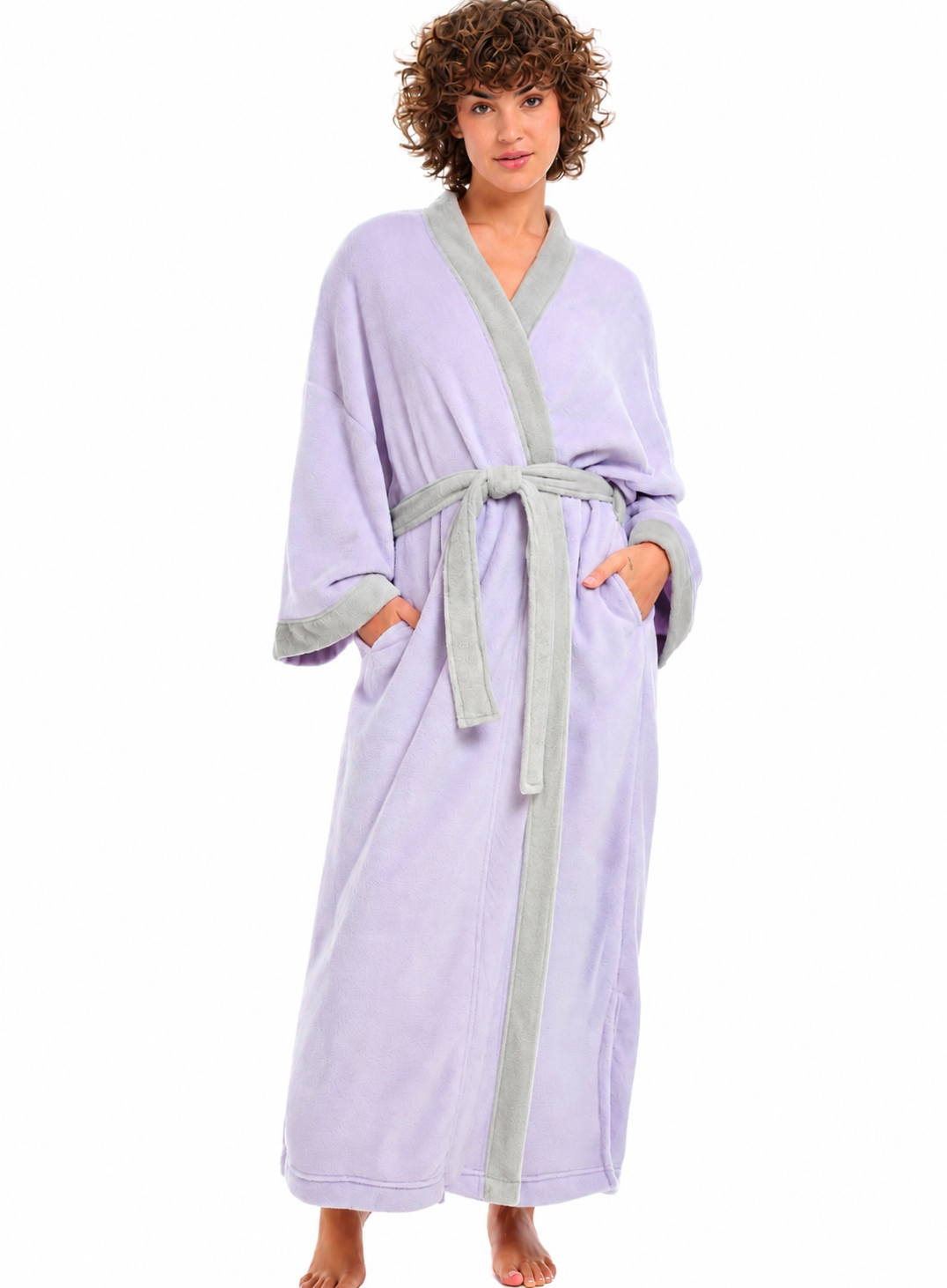 Womens Muted Lavender with Light Gray Kimono Robe, Robe for Women