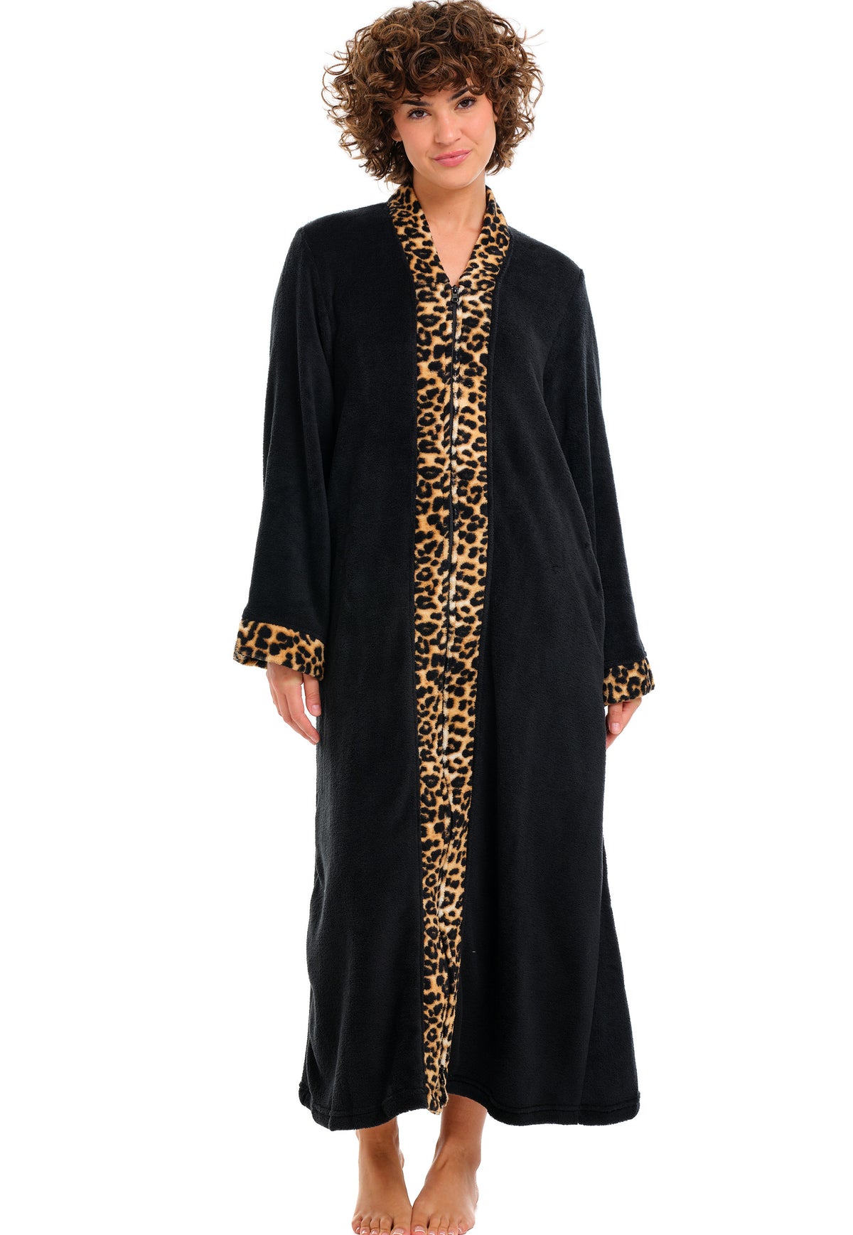 Womens Black with Leopard Print Accents Zip Up Kimono Robe, Japanese Robe for Women