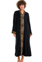 Womens Black with Leopard Print Accents Zip Up Kimono Robe, Japanese Robe for Women