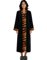 Womens Black with Tiger Print Accents Zip Up Kimono Robe, Japanese Robe for Women
