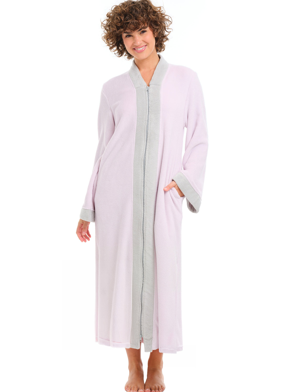 Womens Muted Lavender with Light Gray Zip Up Kimono Robe, Japanese Robe for Women