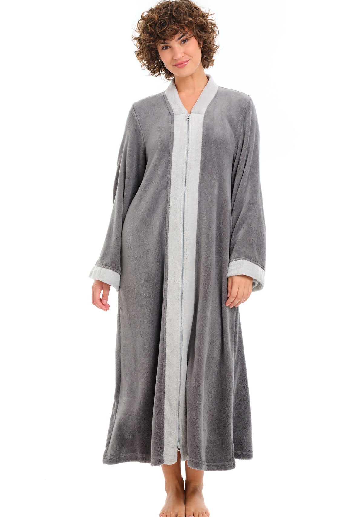 Womens Steel Gray with Light Gray Zip Up Kimono Robe, Japanese Robe for Women