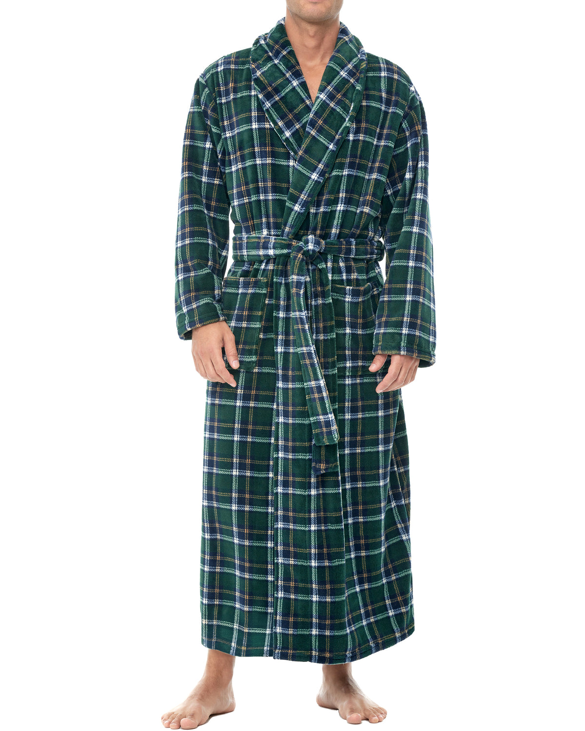 Men's Hunter Green Plaid Ultra Plush Fleece Robe, Big and Tall Winter Bathrobe