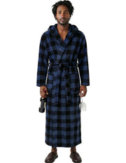 Men's Blue Buffalo Check Plaid Plush Fleece Hooded Bathrobe, Full Length Long Warm Lounge Robe with Hood