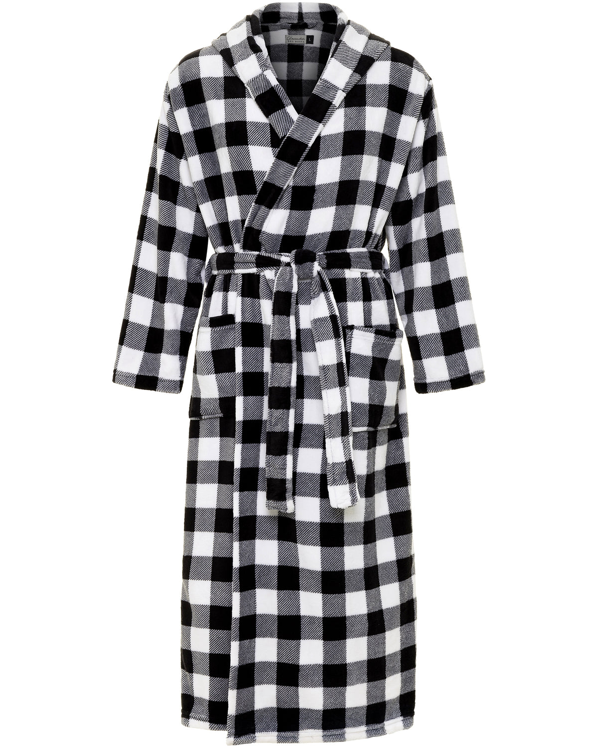 Men's Buffalo Check White Black Plaid Plush Fleece Hooded Bathrobe, Full Length Long Warm Lounge Robe with Hood