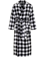 Men's Buffalo Check White Black Plaid Plush Fleece Hooded Bathrobe, Full Length Long Warm Lounge Robe with Hood