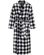 Men's Buffalo Check White Black Plaid Plush Fleece Hooded Bathrobe, Full Length Long Warm Lounge Robe with Hood