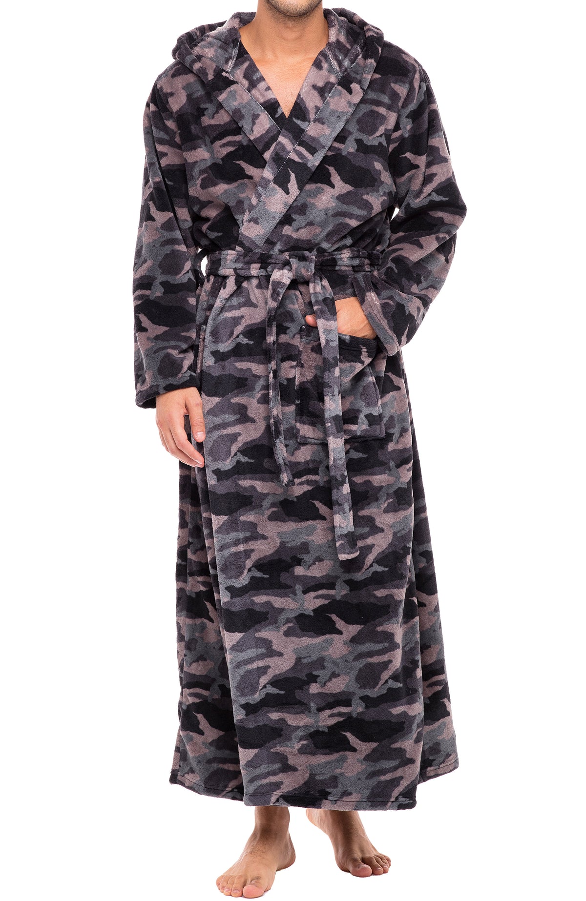 Men's Black Gray Camouflage Plush Fleece Hooded Bathrobe, Full Length Long Warm Lounge Robe with Hood