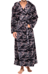 Men's Black Gray Camouflage Plush Fleece Hooded Bathrobe, Full Length Long Warm Lounge Robe with Hood