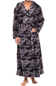 Men's Black Gray Camouflage Plush Fleece Hooded Bathrobe, Full Length Long Warm Lounge Robe with Hood