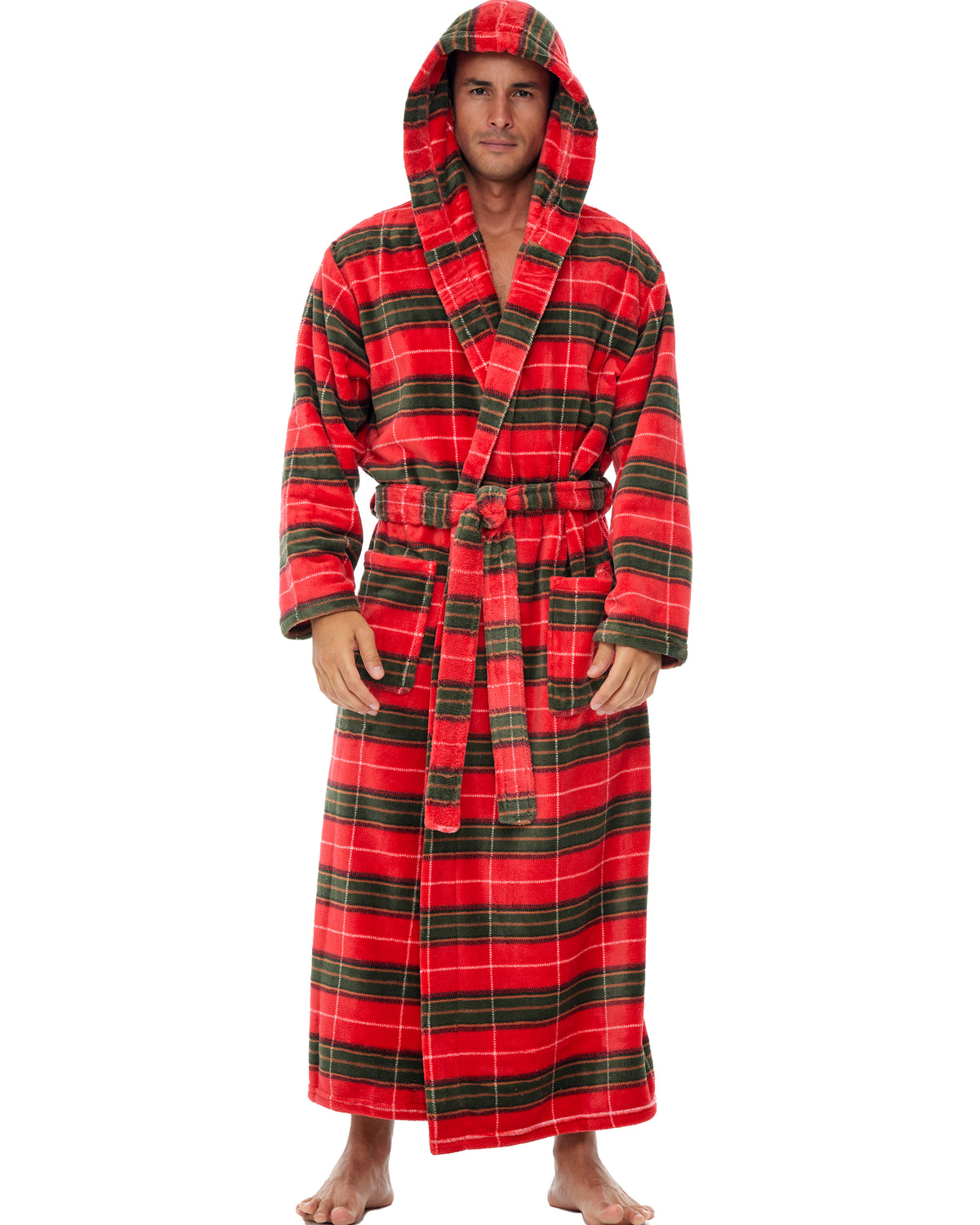 Men's Autumn Harvest Plaid Plush Fleece Hooded Bathrobe, Full Length Long Warm Lounge Robe with Hood