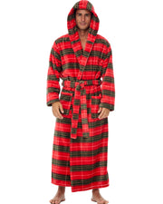 Men's Autumn Harvest Plaid Plush Fleece Hooded Bathrobe, Full Length Long Warm Lounge Robe with Hood