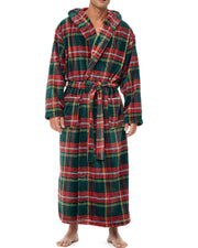Men's Forest Plaid Plush Fleece Hooded Bathrobe, Full Length Long Warm Lounge Robe with Hood