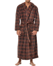 Men's Espresso Plaid Plush Fleece Hooded Bathrobe, Full Length Long Warm Lounge Robe with Hood