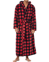 Men's Red Black Buffalo Check Plaid Plush Fleece Hooded Bathrobe, Full Length Long Warm Lounge Robe with Hood