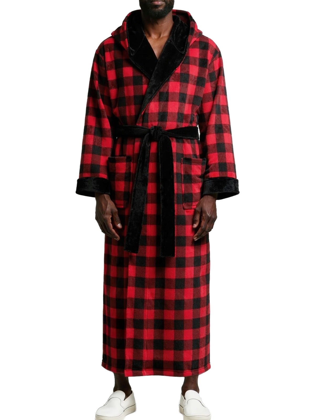 Men's Red Black Buffalo Check Plaid with Black Plush Fleece Hooded Bathrobe, Full Length Long Warm Lounge Robe with Hood