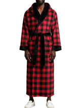 Men's Red Black Buffalo Check Plaid with Black Plush Fleece Hooded Bathrobe, Full Length Long Warm Lounge Robe with Hood