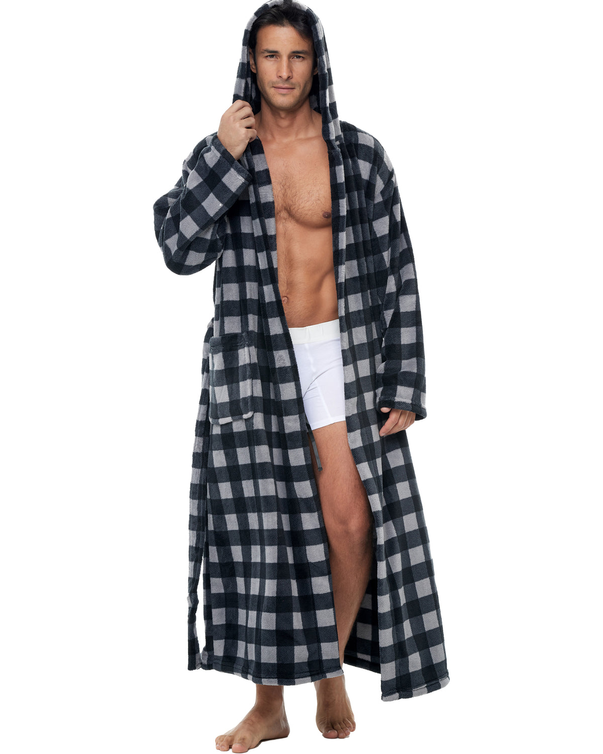 Men's Gray Buffalo Check Plush Fleece Hooded Bathrobe, Full Length Long Warm Lounge Robe with Hood