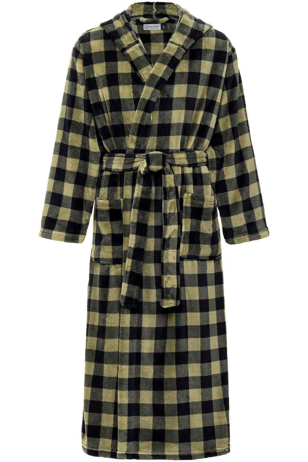 Men's Military Buffalo Check Plush Fleece Hooded Bathrobe, Full Length Long Warm Lounge Robe with Hood